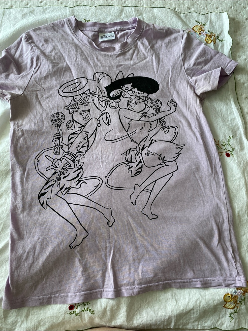 The Flintstones Betty and Wilma Lilac Graphic Tee with Dancing Cartoon Print M